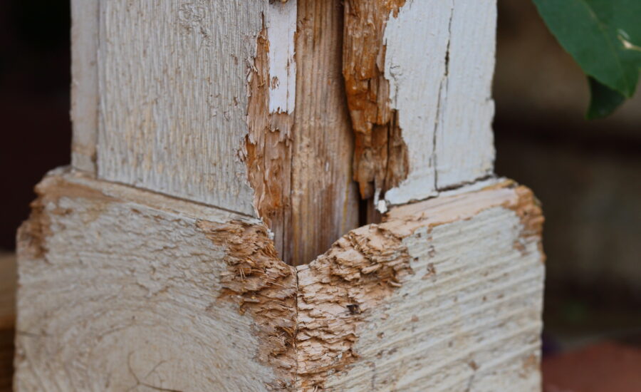 Post with wood rot that we repair with carpentry skills and new wood posts